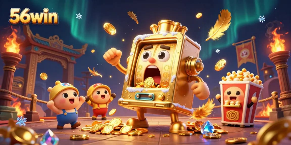 Experience excitement with a jackpot at 56win as coins spill from a golden slot machine surrounded by cheering mini slots.