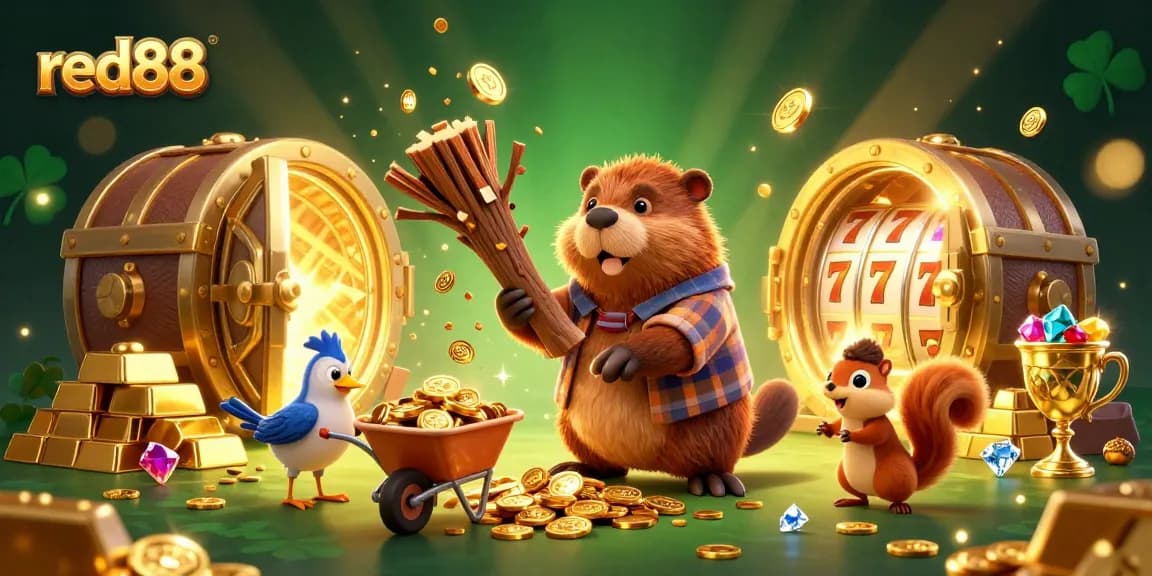 Win big at red88 with a 3D lumberjack beaver amidst golden coins, slot reels, and treasures.