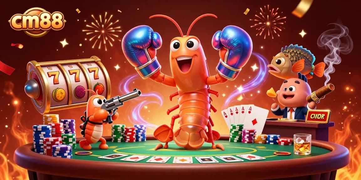 Experience thrilling gameplay at cm88 with vibrant cartoon characters, slot reels, and poker elements.