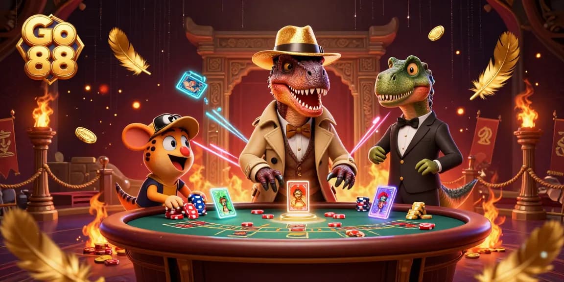 Go 88 casino scene with a velociraptor card counter at a blackjack table surrounded by gold coins.