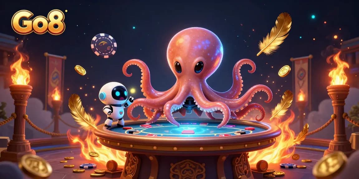 Go8 casino scene features an alien octopus at a poker table surrounded by chips and cosmic effects