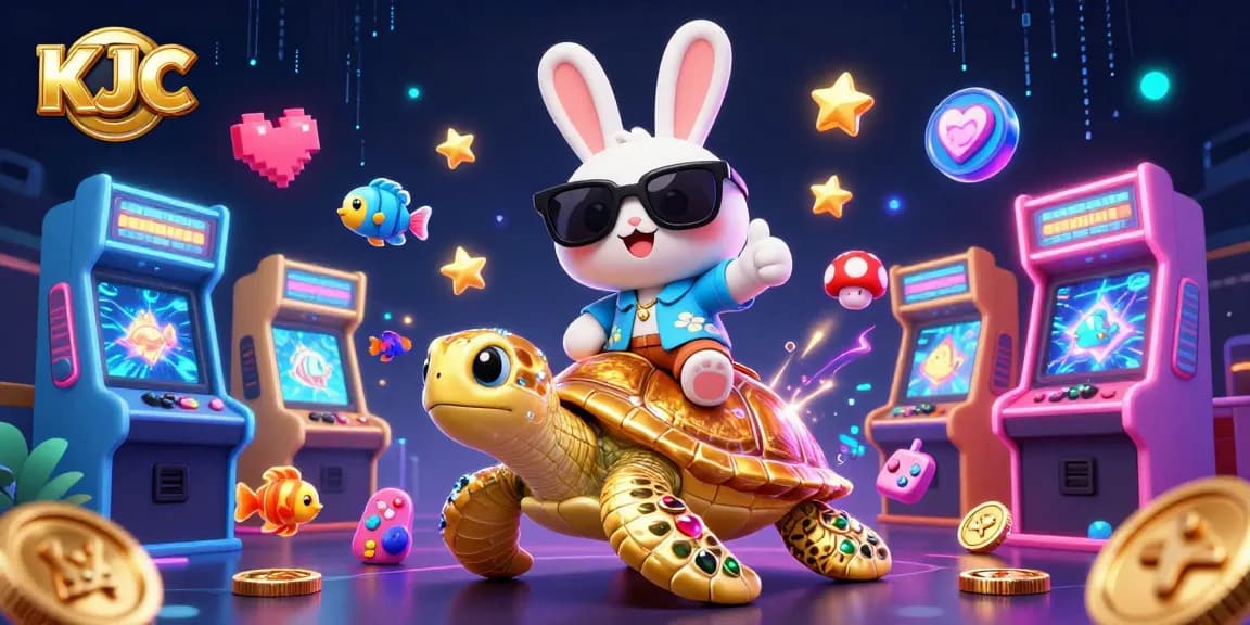KJC showcases a lively and vibrant 3D illustration featuring a lucky rabbit and a golden sea turtle amidst arcade game elements.