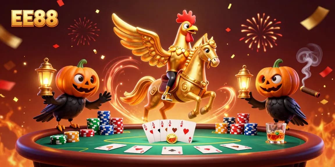 Experience EE88's thrilling casino atmosphere with a golden rooster and poker action!