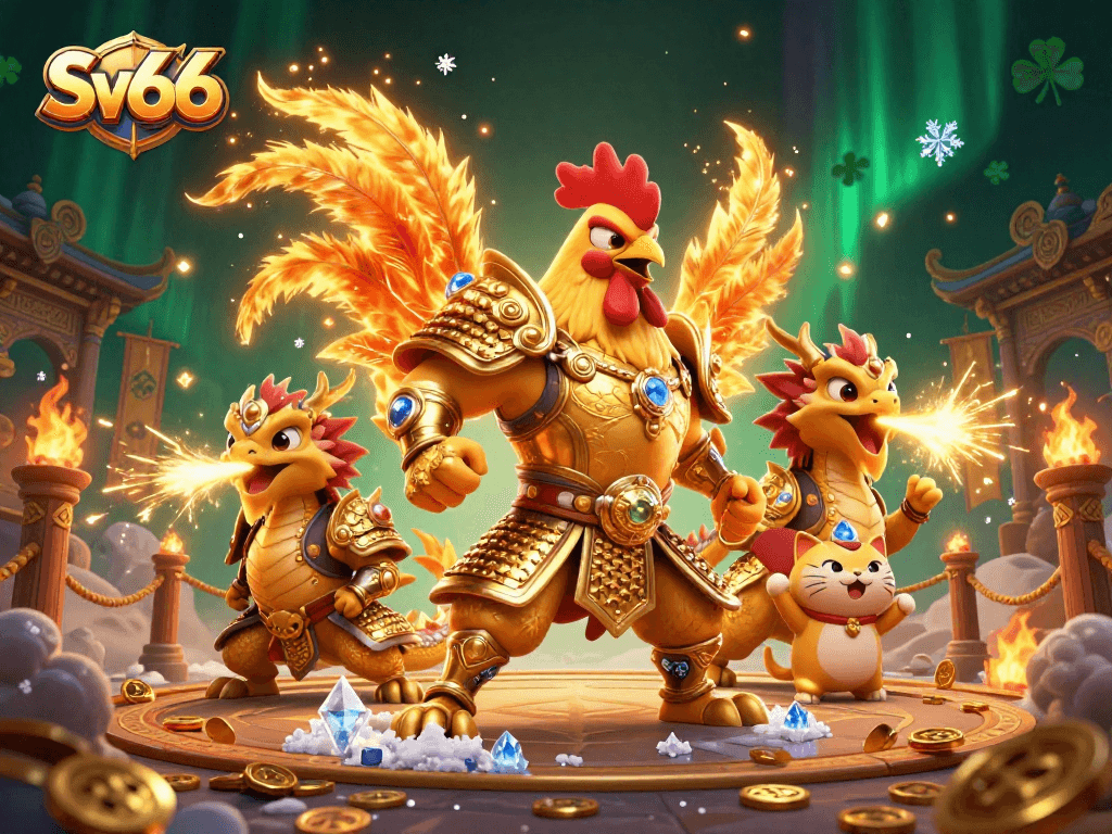 Bet on big wins with Sv66 at the thrilling fighting arena filled with golden sparks and celebrating mascots.