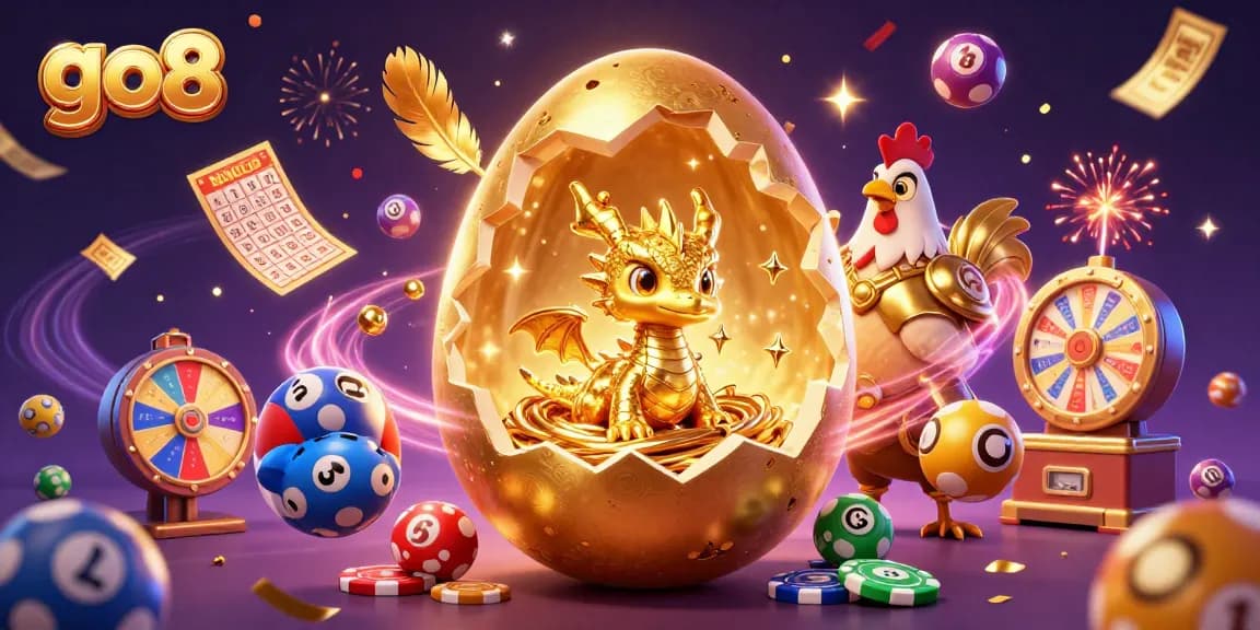 Win big with go8 as a golden baby dragon sits on poker chips, surrounded by vibrant gaming elements.