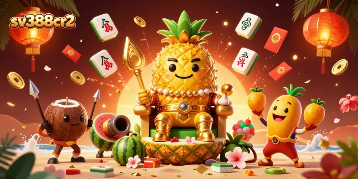 Engage with sv388cr2's lively casino scene featuring a regal pineapple king, fun jester, and lively decorations.