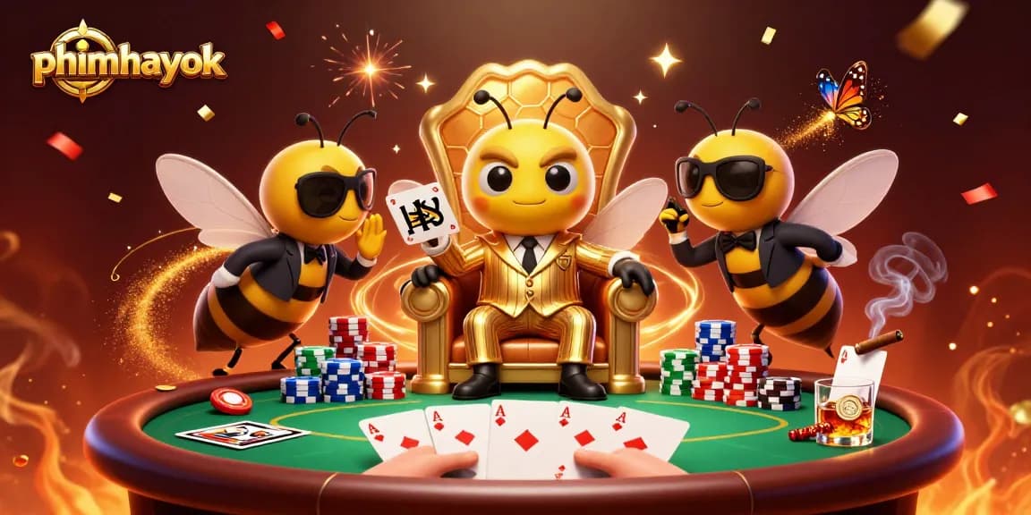 Join the action with phimhayok at the vibrant poker table surrounded by colorful chips and celebratory elements.