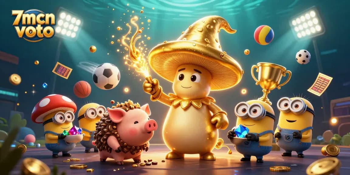 Engage with 7mcn voto through a lively scene featuring a golden mushroom wizard and dynamic betting elements.