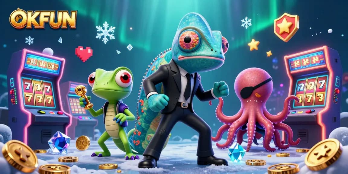 Engage with OKFUN’s thrilling casino adventure featuring slot reels, vibrant characters, and neon elements.