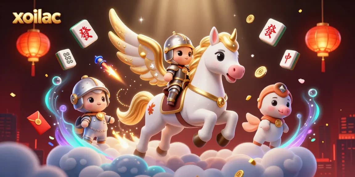 Xoilac brings excitement with a celestial horse and knight amidst colorful gambling elements.