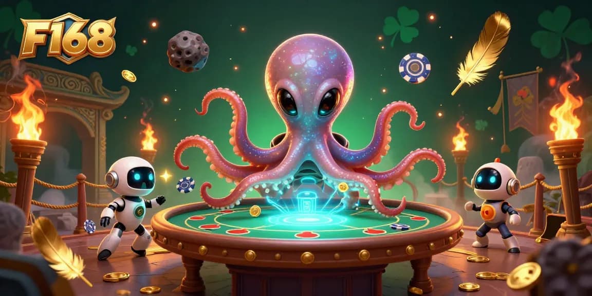 Experience thrilling gameplay at F168 with alien octopus dealing cards in a vibrant casino scene.