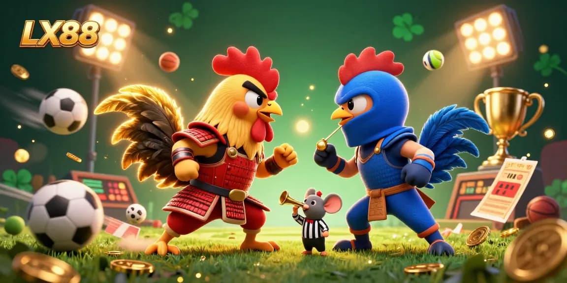LX88 showcases a thrilling standoff between samurai and ninja roosters in a vibrant casino scene.