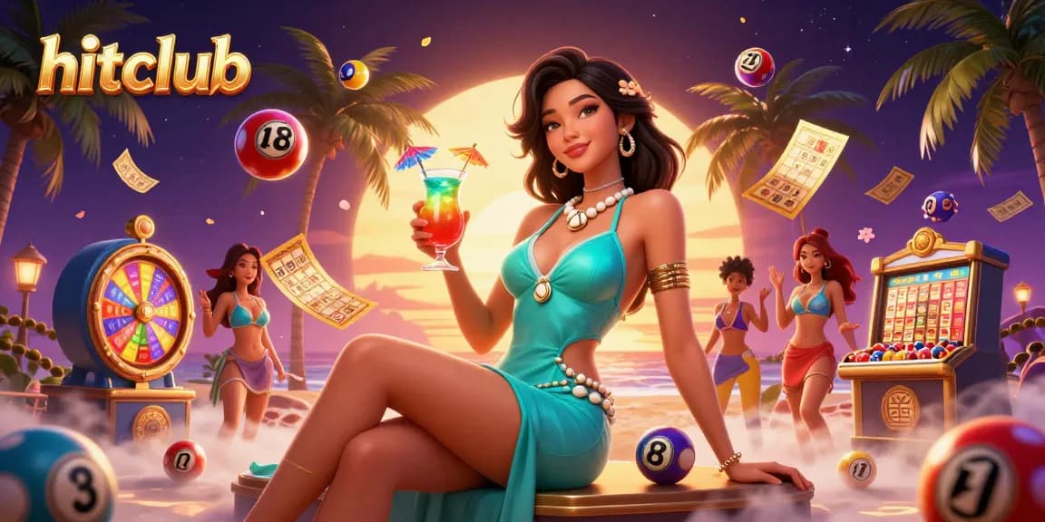 Hitclub vibrant scene showcasing a glamorous Asian woman at a beach casino surrounded by festive gaming elements.