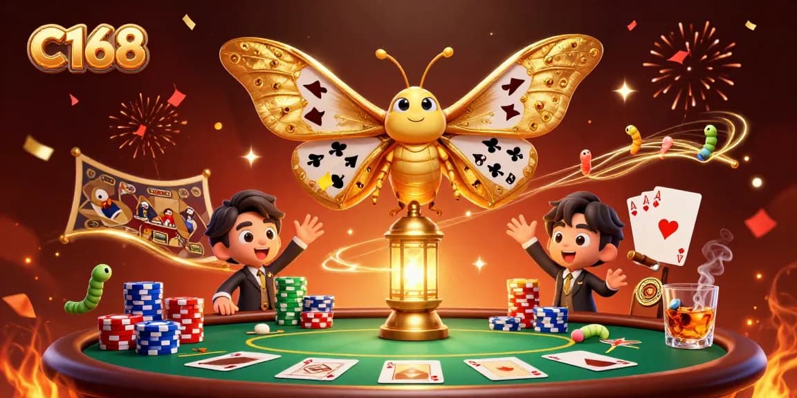C168 players celebrating at the casino, showcasing poker games with vibrant colors and energetic atmosphere.