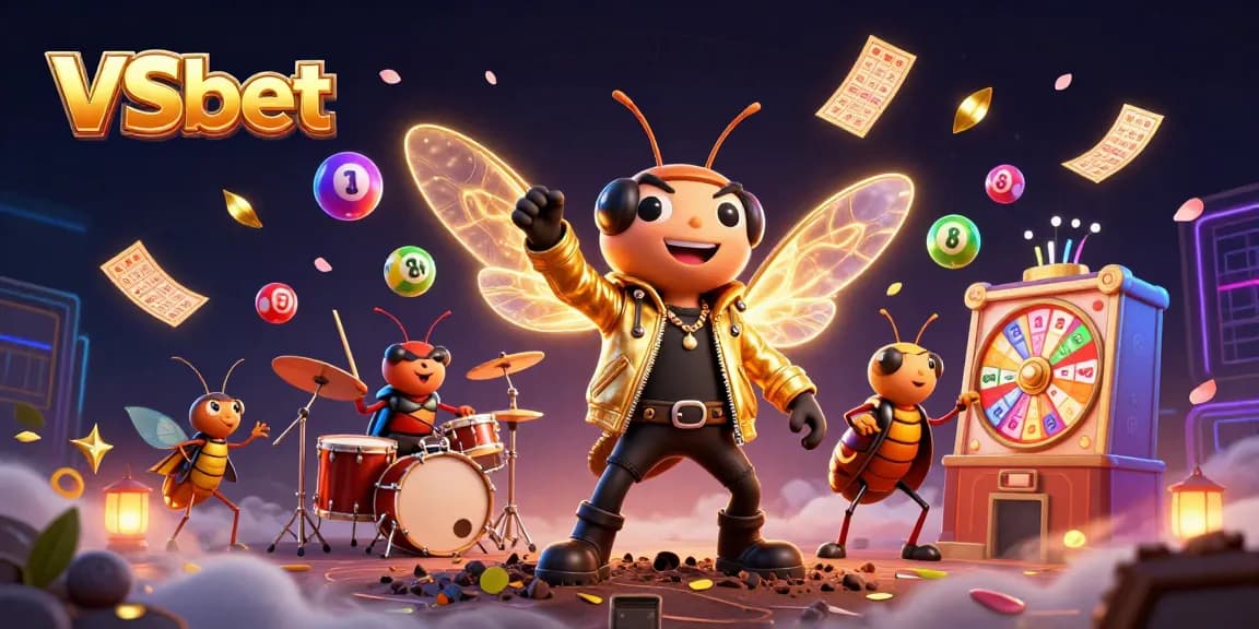 Experience the thrill of VSbet with vibrant lottery elements and a rock star theme in this lively illustration.