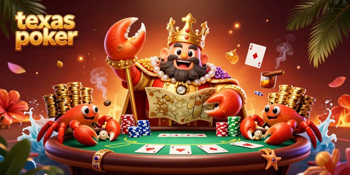 Engage in a thrilling texas poker game with a golden crab emperor orchestrating a high-stakes scene.
