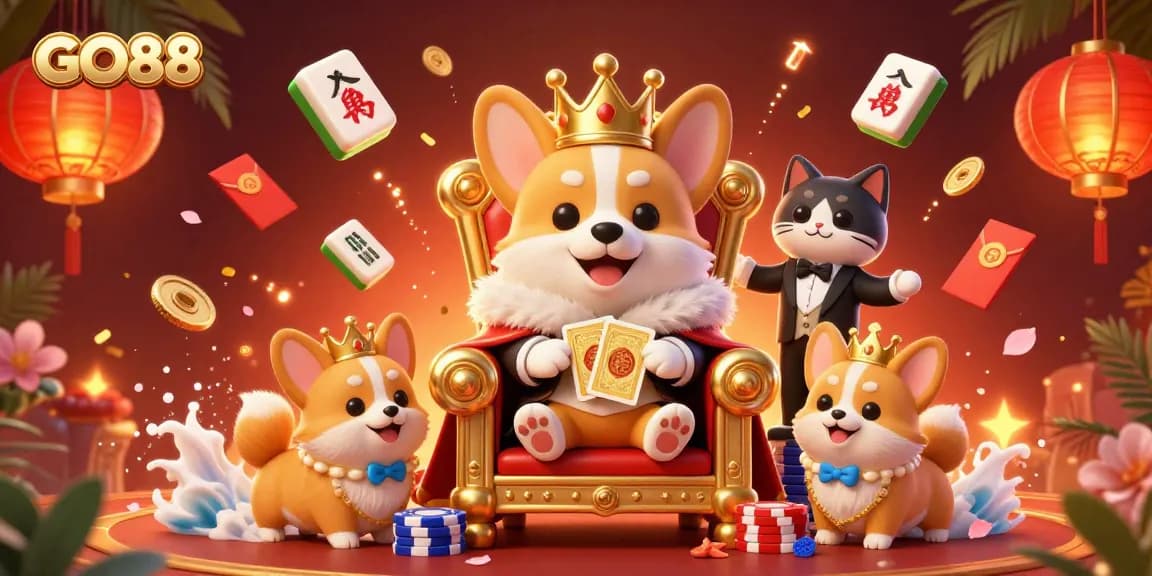 Experience the GO88 casino magic with royal corginess and dynamic gaming elements in every scene!