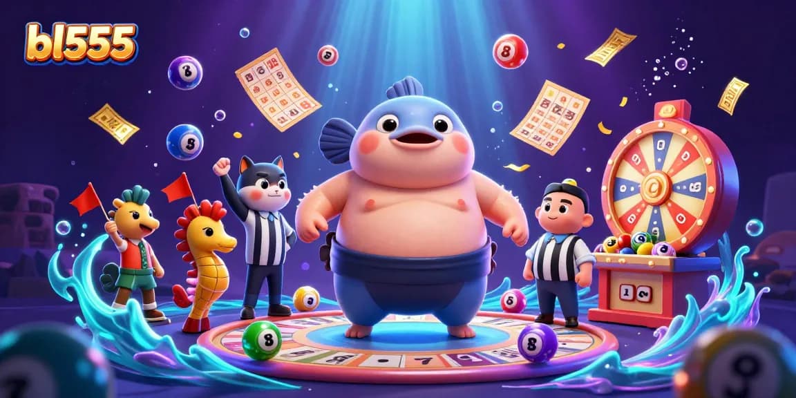 Experience the vibrant excitement of bl555 with a cartoon blowfish in a casino-themed underwater arena.