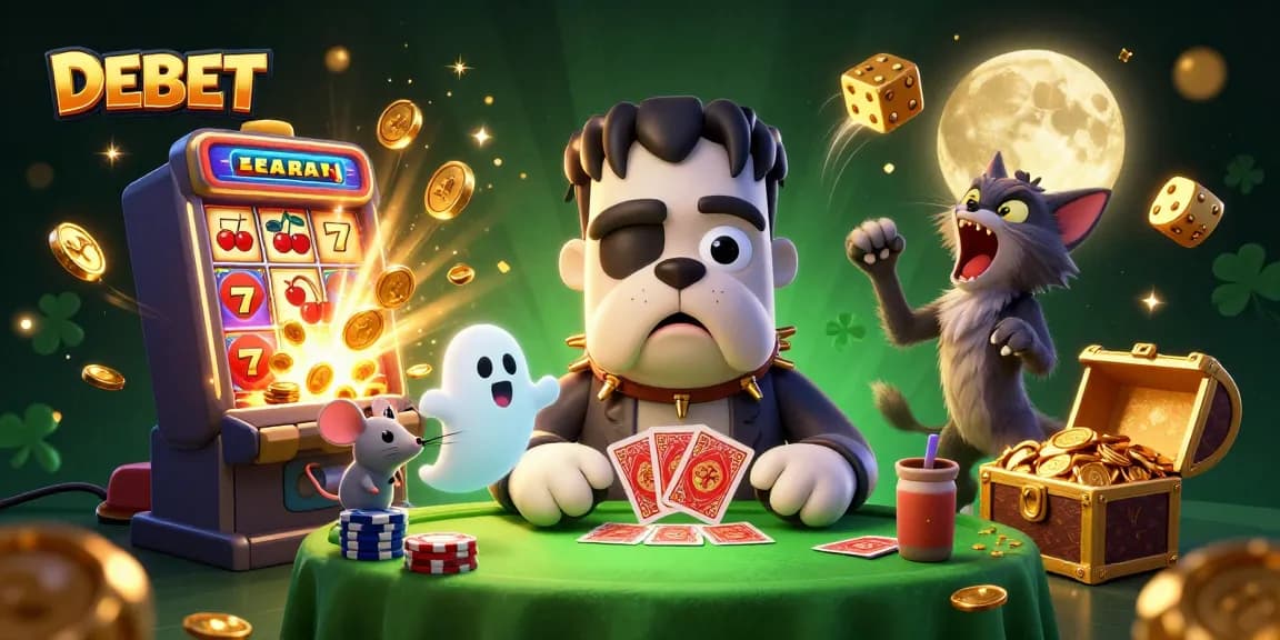 Experience DEBET with an energetic poker scene featuring a Frankenstein bulldog and lucky symbols.