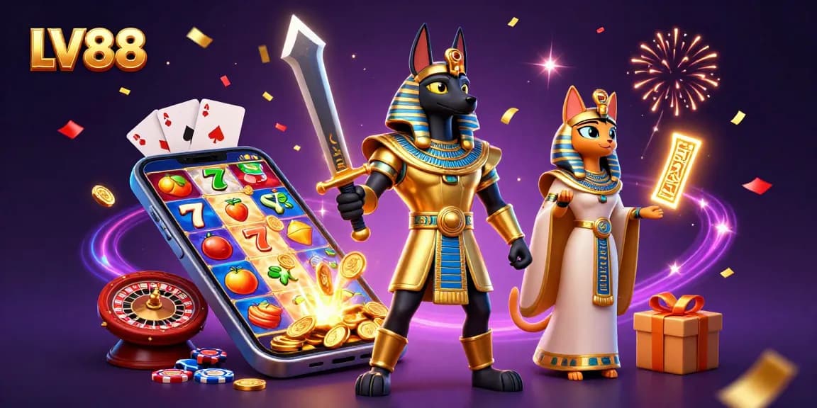 Experience thrilling wins at LV88 with an Egyptian warrior, sacred cat, and lively casino elements.