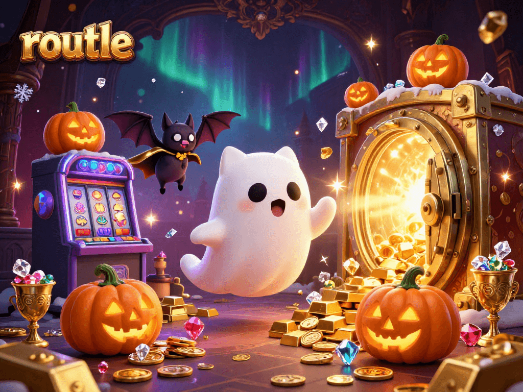 Spin the roulette wheel with our ghostly cat and bat companions in a vibrant casino scene.