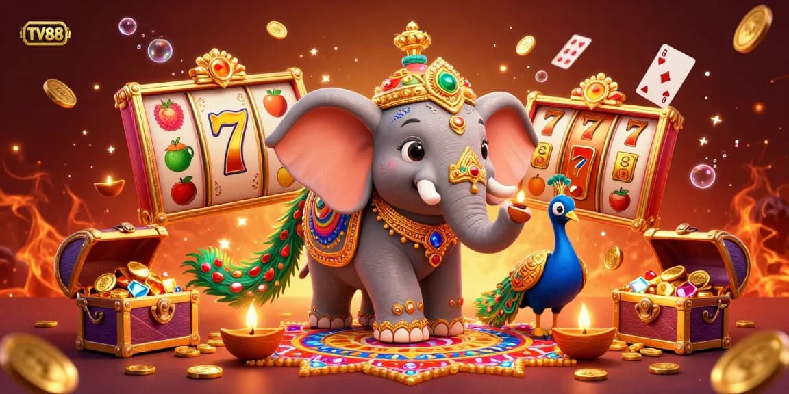 Experience the excitement of TV88 with a vibrant 3D casino illustration showcasing a themed elephant, colorful slot elements, and dynamic game features.