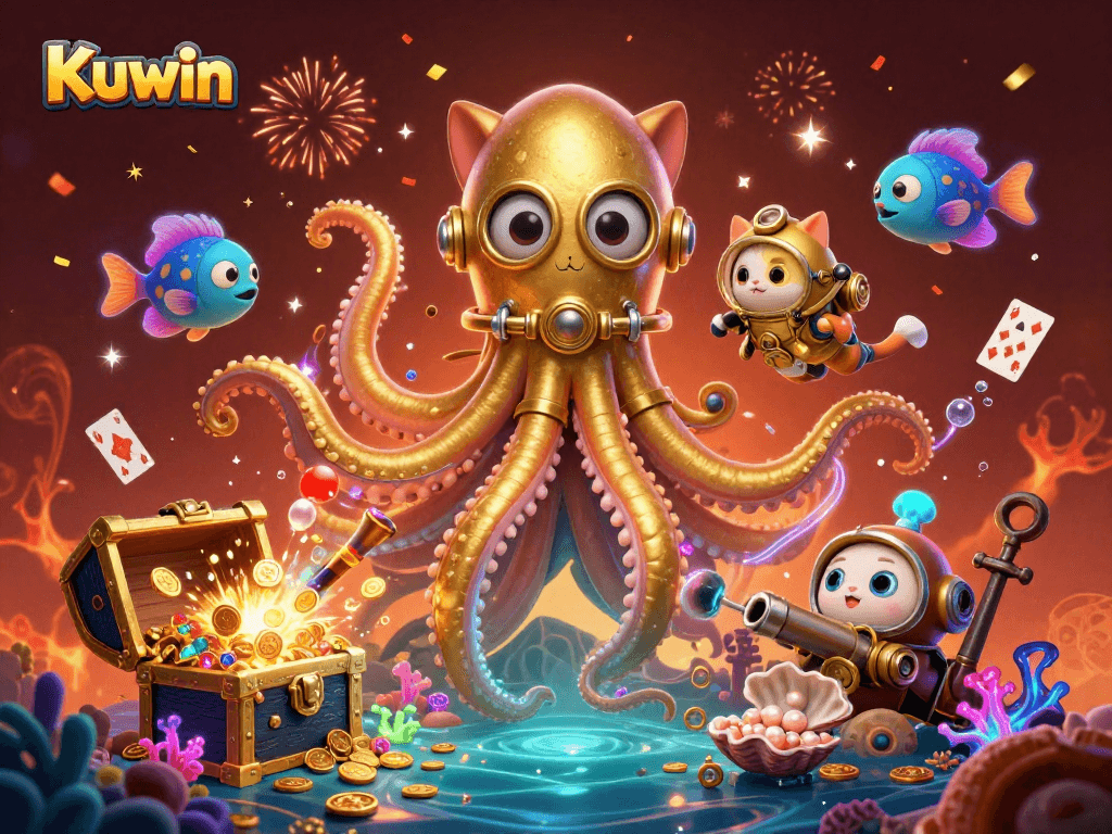 Kuwin combines a kraken, diving cat, and fish in a vibrant casino treasure scene