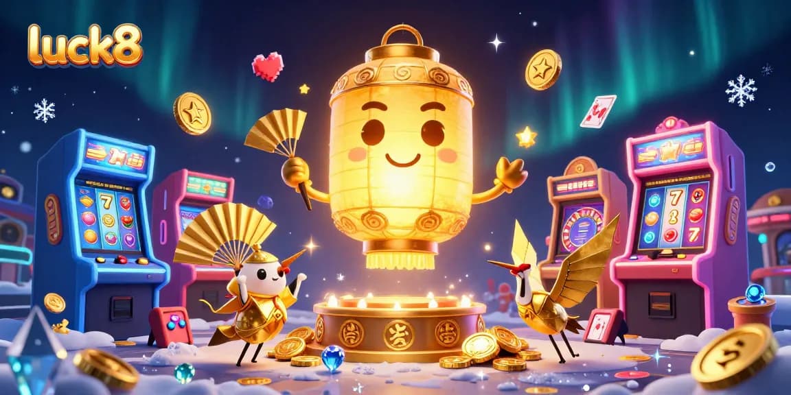 Experience luck8's vibrant casino atmosphere filled with glowing games and lucky symbols.
