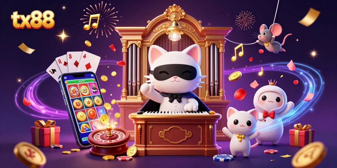 Spin the reels at tx88 with a magical casino scene featuring the phantom cat and vibrant game elements.
