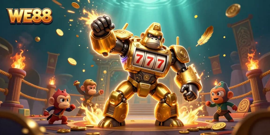 Experience thrilling gameplay at WE88 with a dynamic 3D casino illustration featuring gambling elements.