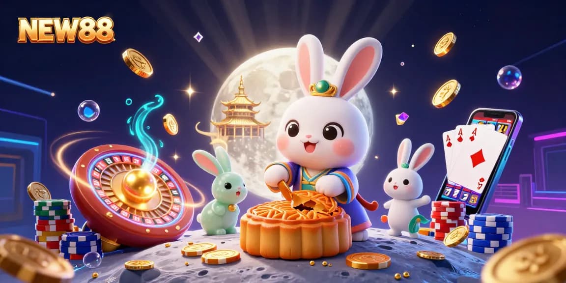 NEW88 showcases a whimsical moon rabbit with golden mooncakes and casino elements on the lunar surface.