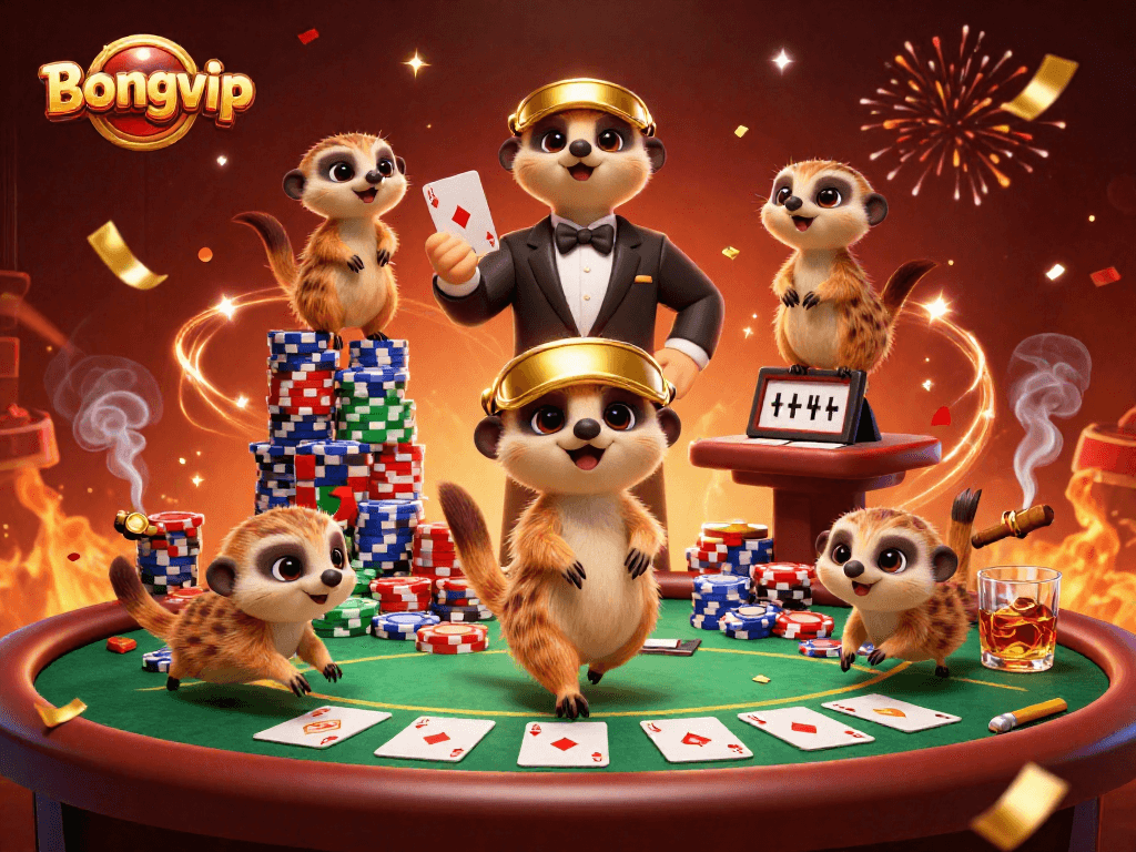 Experience the excitement of Bongvip with meerkats managing a lively casino.