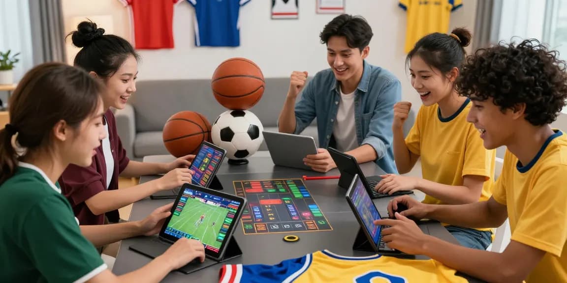 LUCK8 online betting scene with young adults enjoying live sports betting excitement, showcasing colorful game paraphernalia and modern tech.