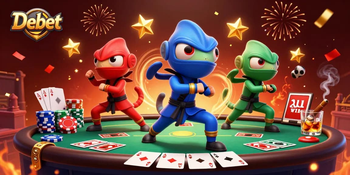 Debet evokes thrilling poker action with ninja chameleons in a vibrant 3D casino scene.