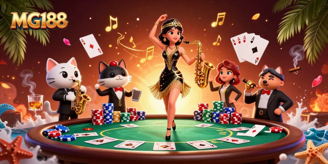 Join the excitement with MG188 as a glamorous flapper dances amidst vibrant casino elements.
