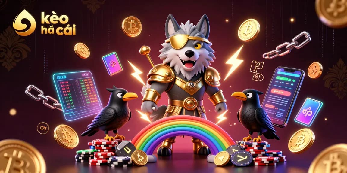 Engage with kèo nhà cái while exploring a vibrant casino-themed 3D illustration featuring mythical characters and crypto elements.