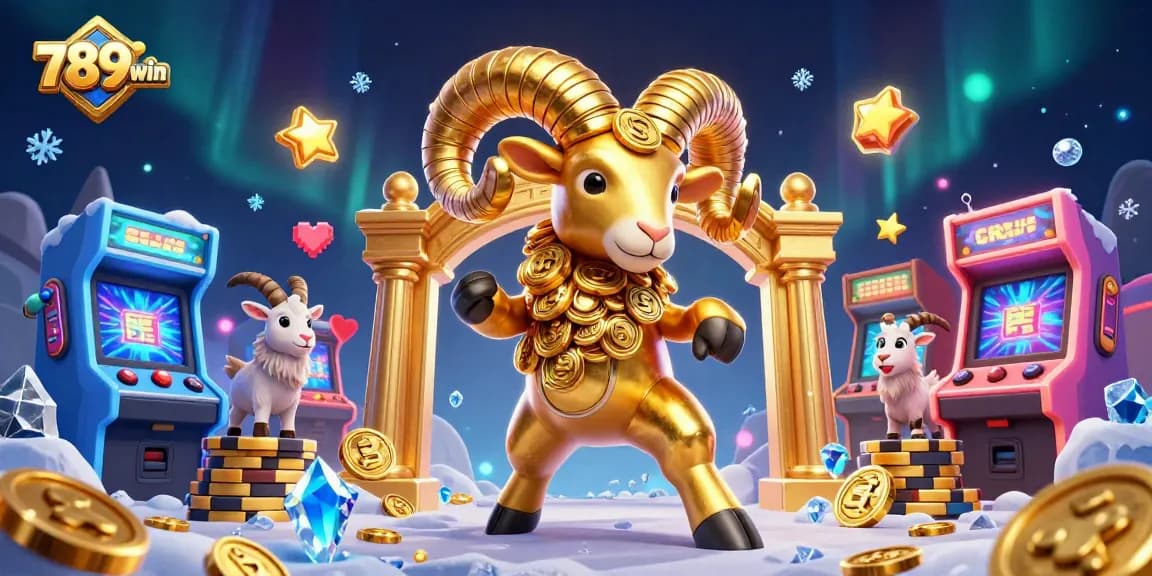Experience 789win thrills with a golden ram charging through a vibrant casino scene.