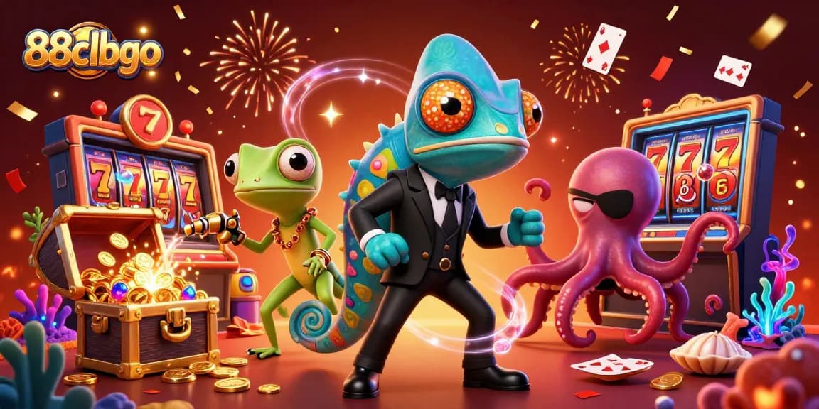 Engage with the dynamic 88clbgo casino world featuring exciting slot reels and vibrant chameleon characters.