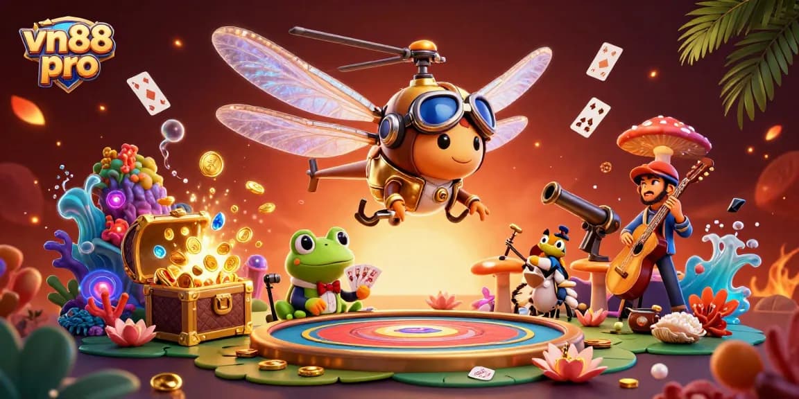 Experience winning action at vn88 pro with vibrant illustration of a dragonfly pilot and frog croupier