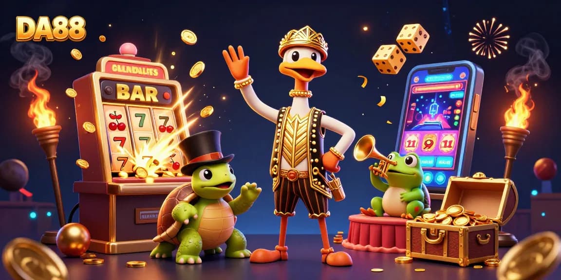 Engage with DA88 in this vibrant 3D casino scene featuring exciting slot action and unique characters.