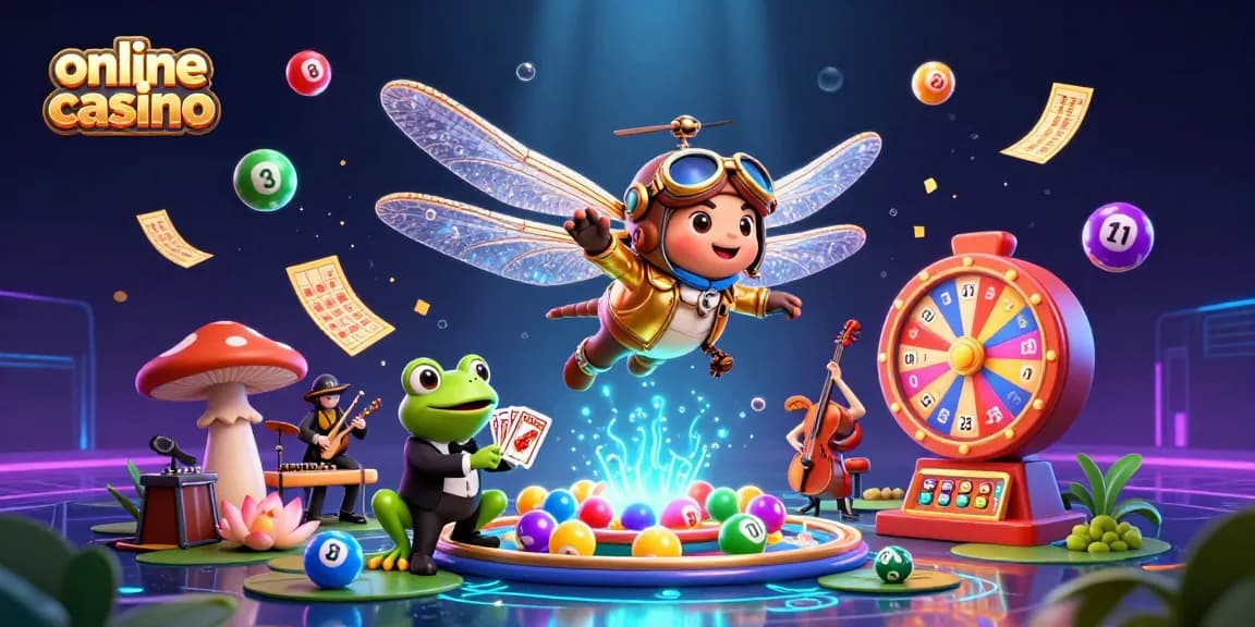 Experience excitement at the online casino with a vibrant scene featuring card dealers and gaming elements.