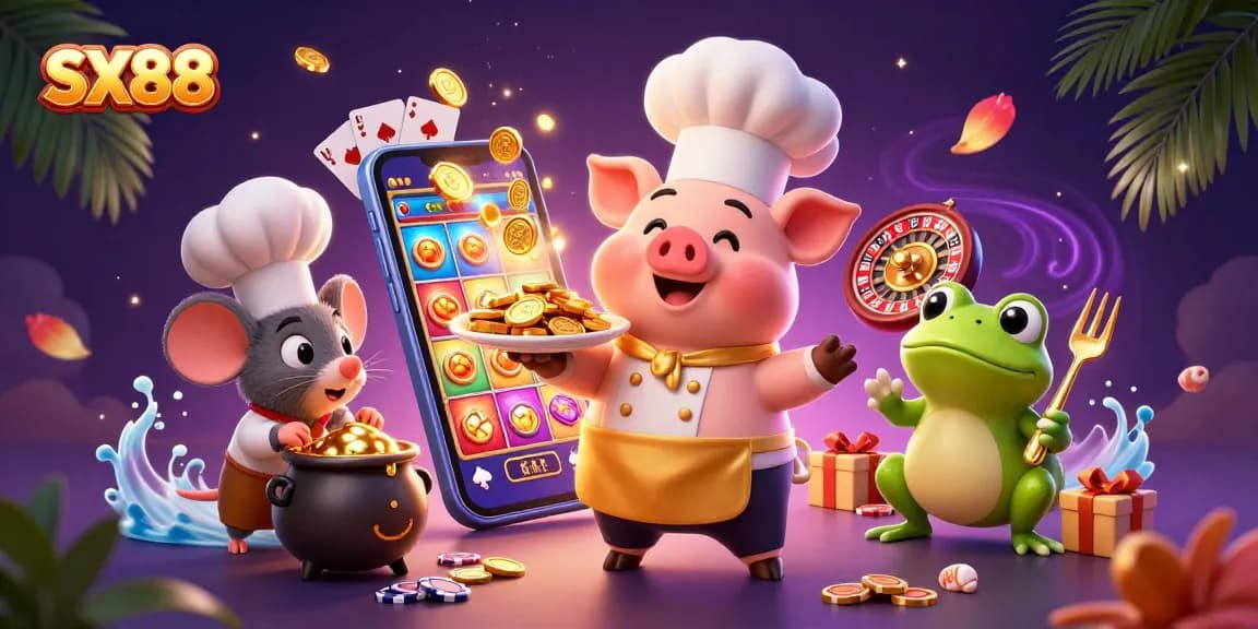 SX88 serves golden coins in a vibrant 3D casino scene filled with games and excitement.