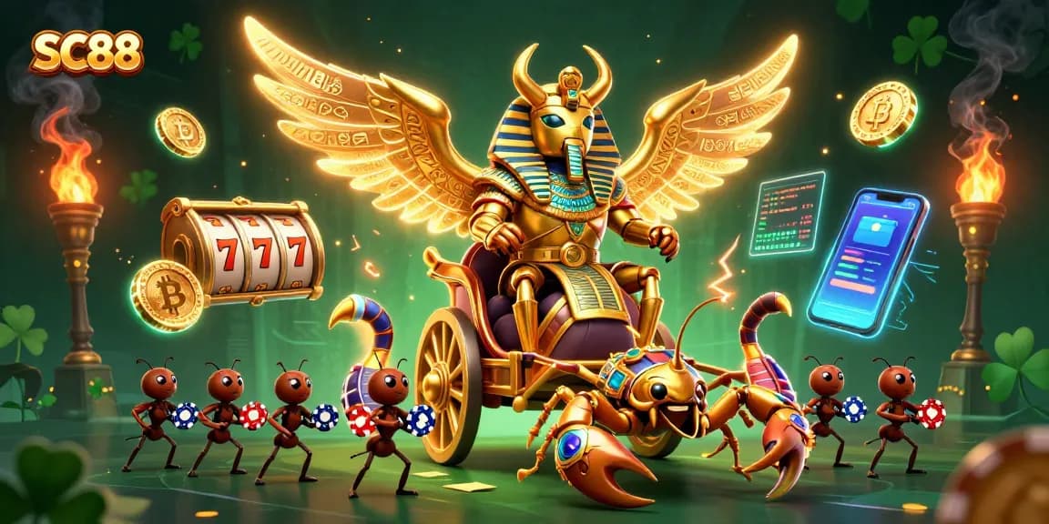 Engage with SC88, experience thrilling casino action featuring golden scarab chariot and poker chips.