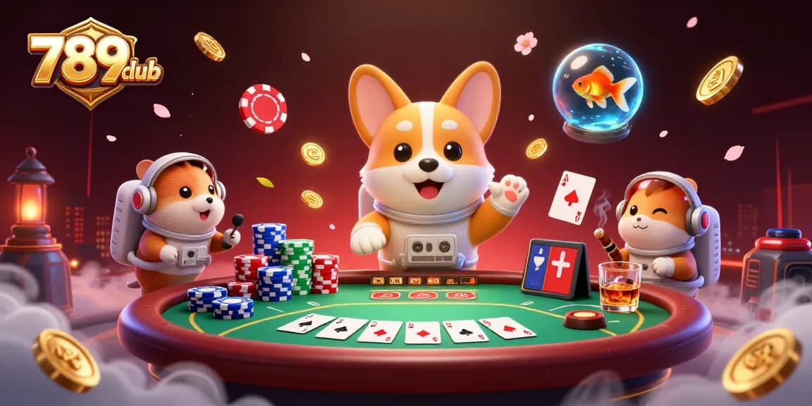 Experience thrilling gameplay at 789club with floating poker chips and corgi in a vibrant casino scene.