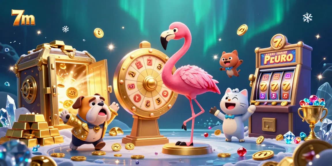 Spin the prize wheel for 7m rewards in this exciting casino scene with gold and jewels.