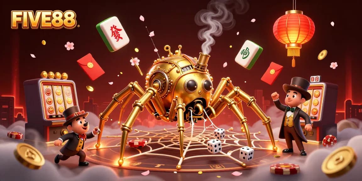 Spin and win with FIVE88's exhilarating casino adventure featuring a golden spider and lively game elements.