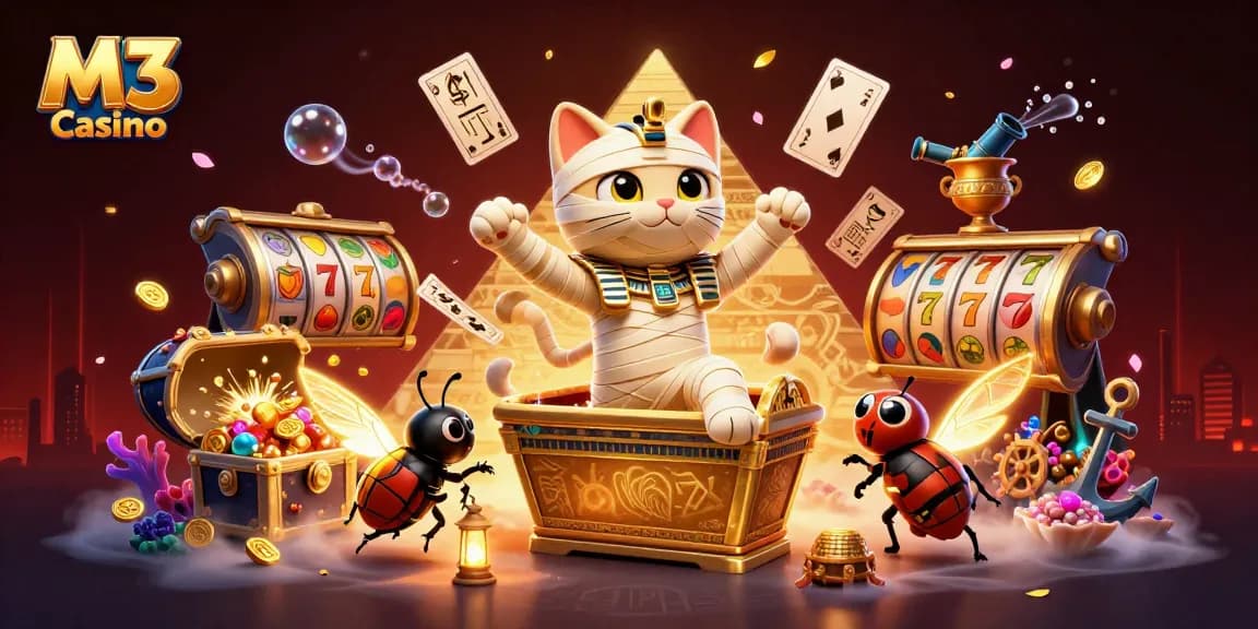 M3 Casino offers thrilling gaming with Egyptian mummy characters, vibrant slot reels, and magical elements.