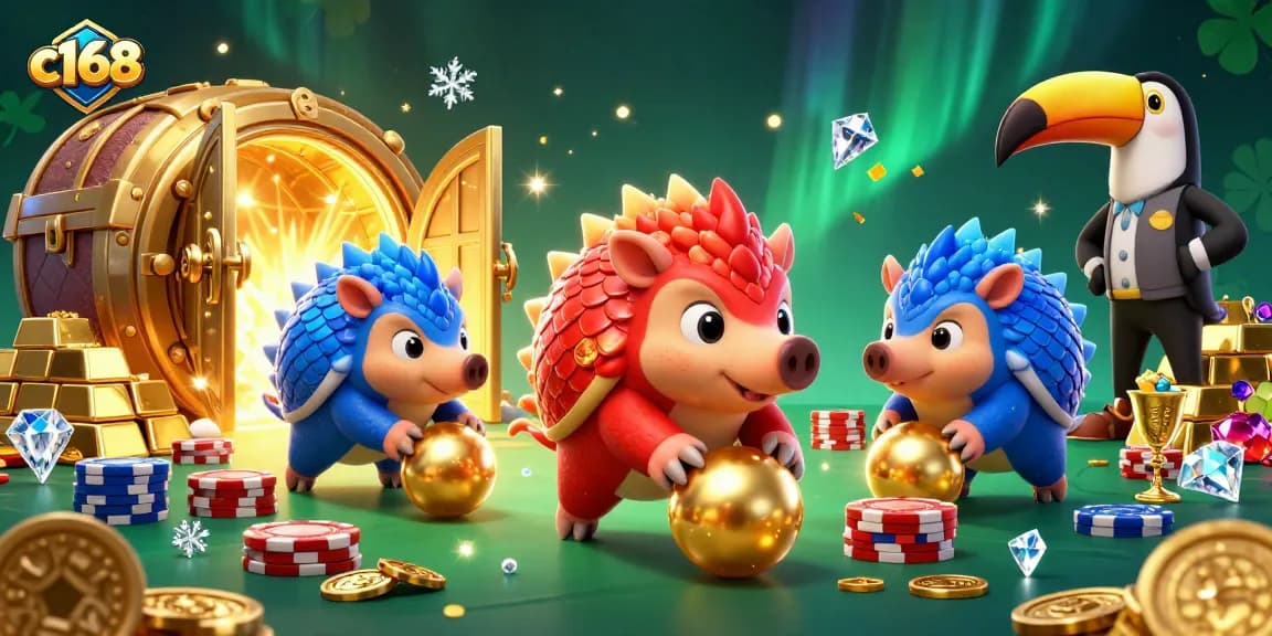Experience high-octane action at c168 with rival pangolins bowling through poker chips amid confetti and treasure.