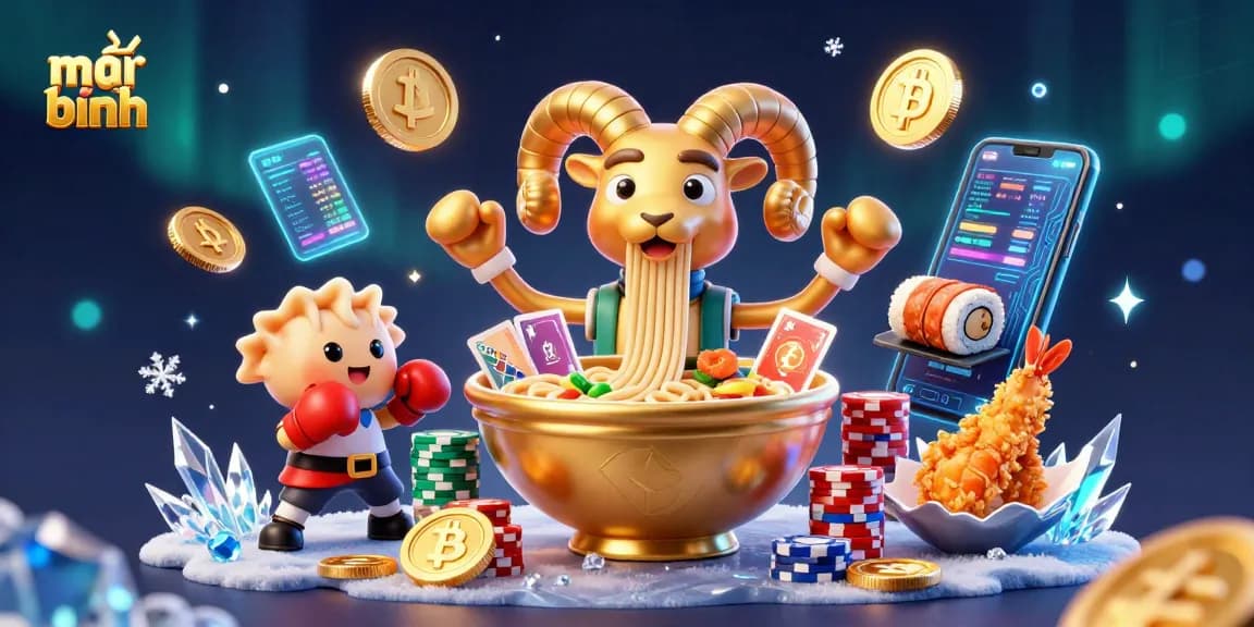 Experience mậu binh with animated characters and cryptocurrency elements in a vibrant 3D casino scene.