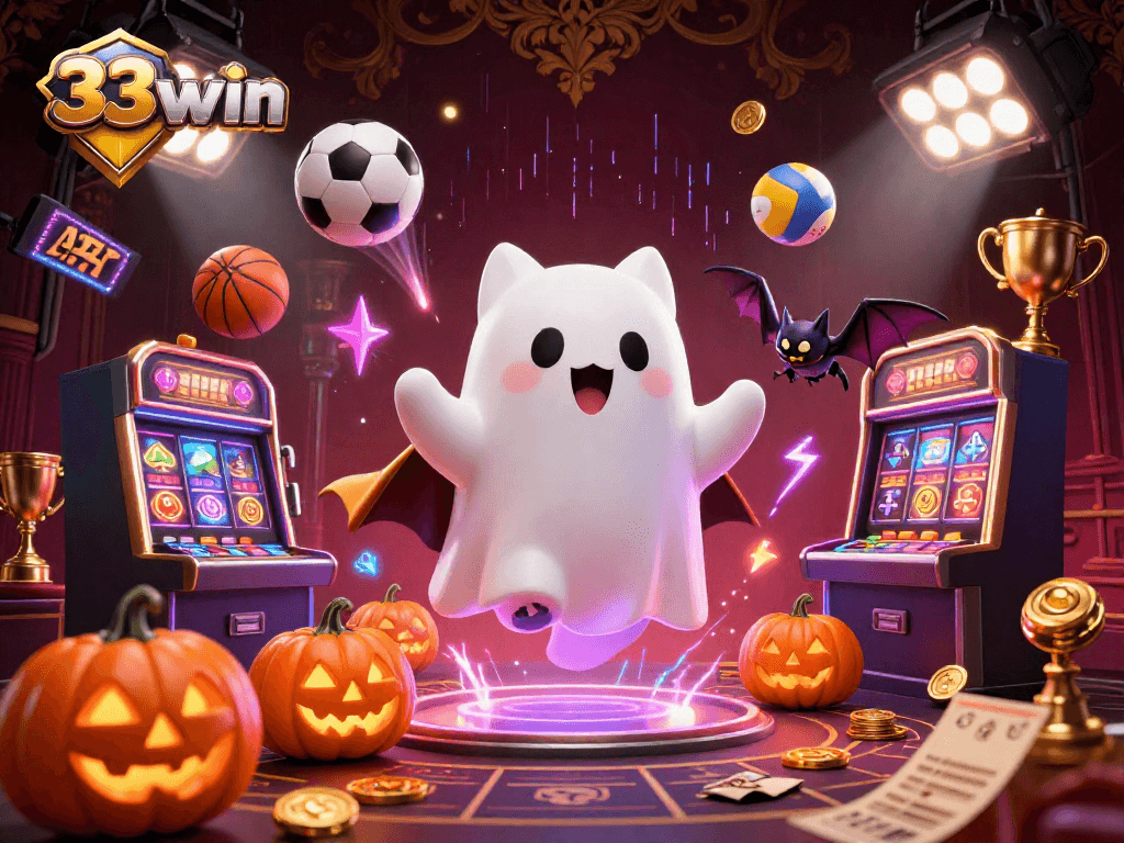 Experience thrilling moments at 33win with a floating ghost cat in a haunted casino amidst vibrant sports action.